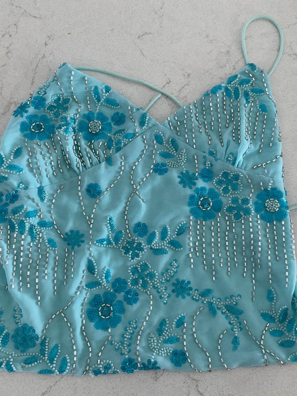 Aqua Blue Beaded Sequin Floral Corset Cami Top – Excellent Condition!